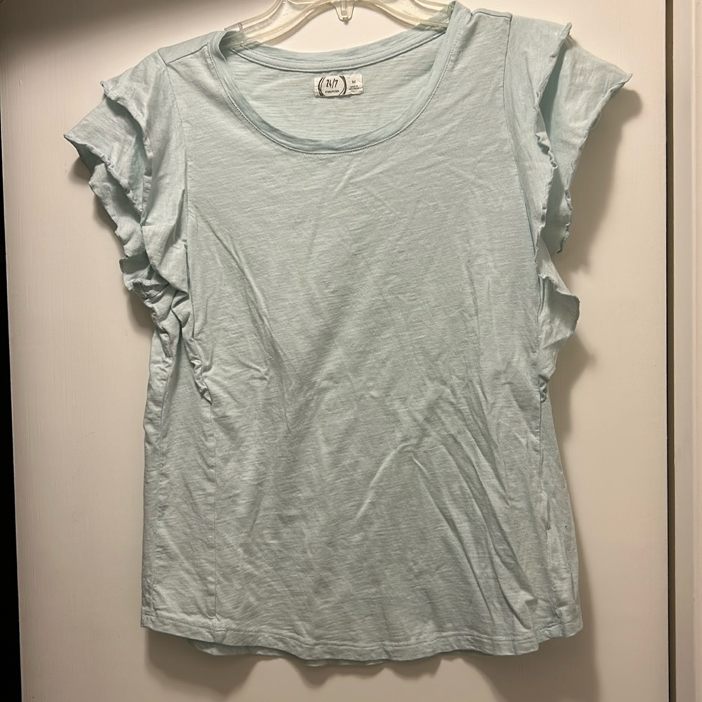 Maurice’s short sleeve light blue shirt ruffle sleeves